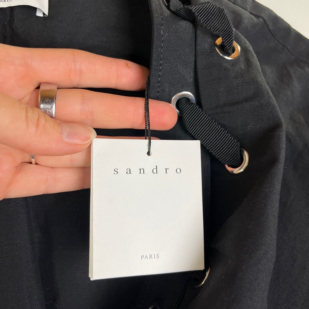 NWT Sandro Clara Lace-Up Black Mini Dress Linen FR 40 US 8 Gothic Academia LBD - Picture 3 of 14